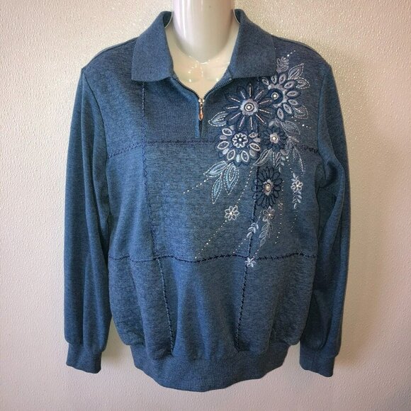 Alfred Dunner Small Blue Flower Embroidered Quarter Zip Sweatshirt Shirt Size S - Picture 4 of 10